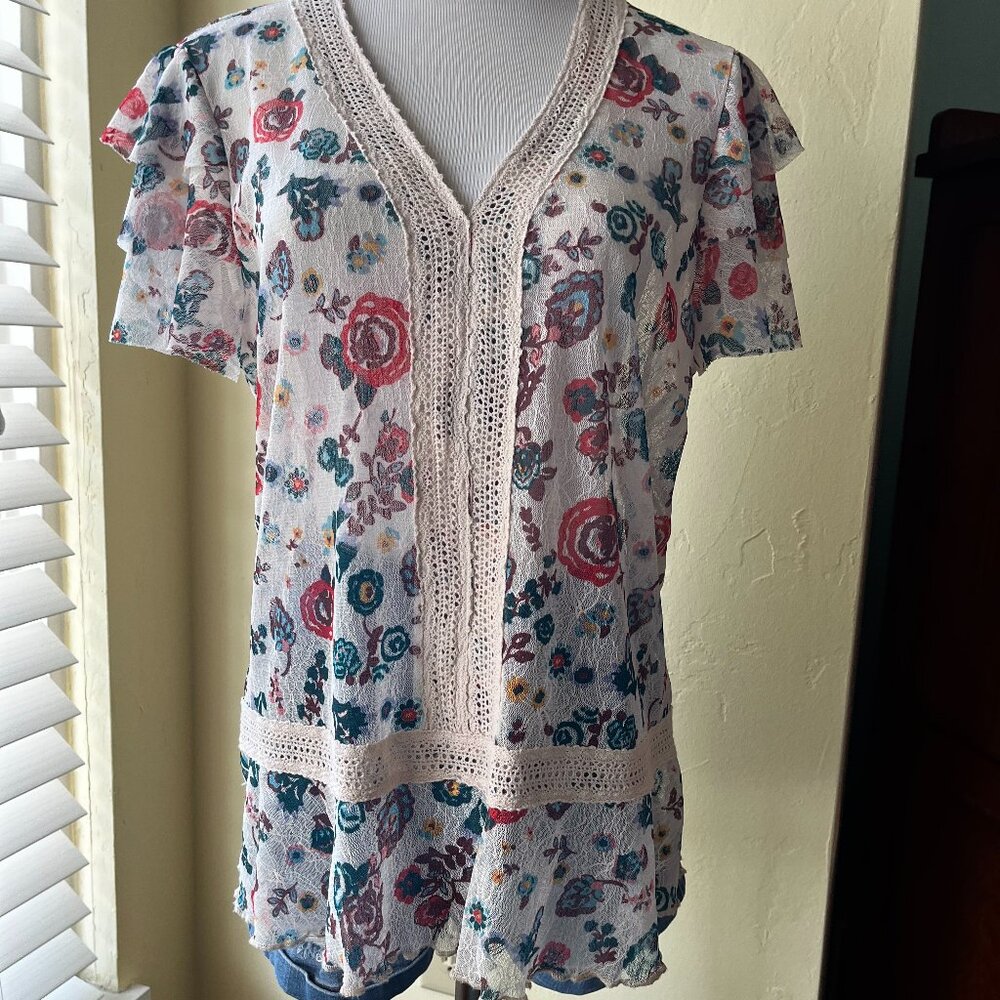 Democracy Floral Sheer Peplum Blouse Womens Large